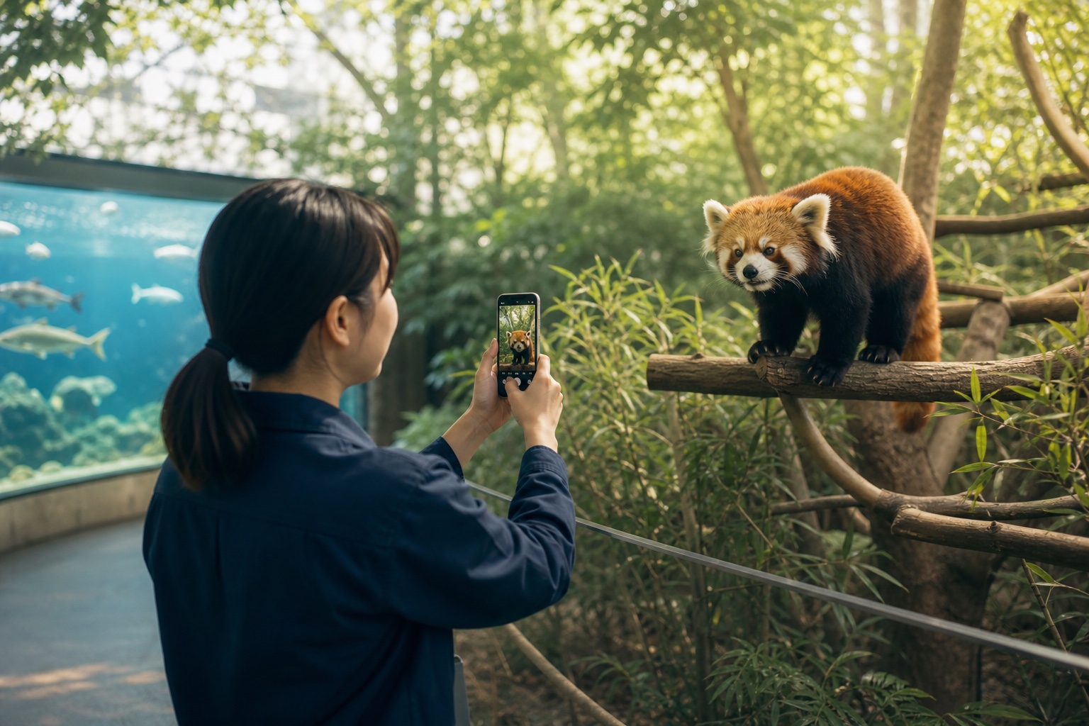 動物観光施設でSNS用動画を撮影する広告用イメージ