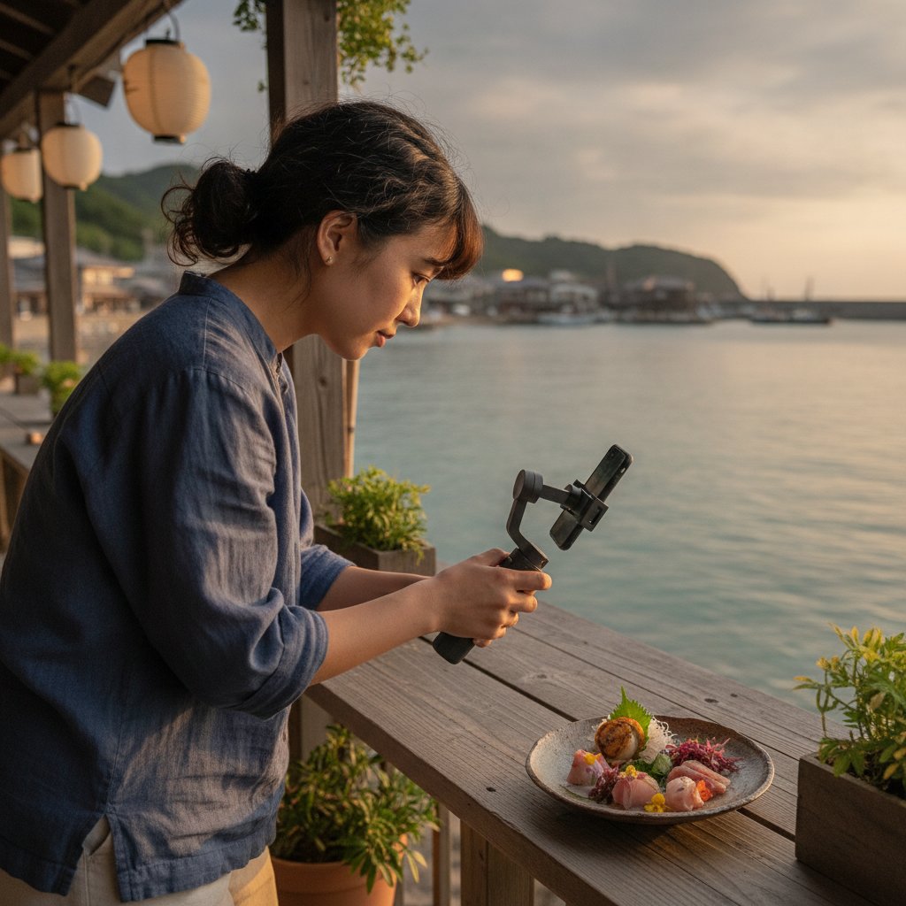 海辺でSNS用の動画を撮影する様子