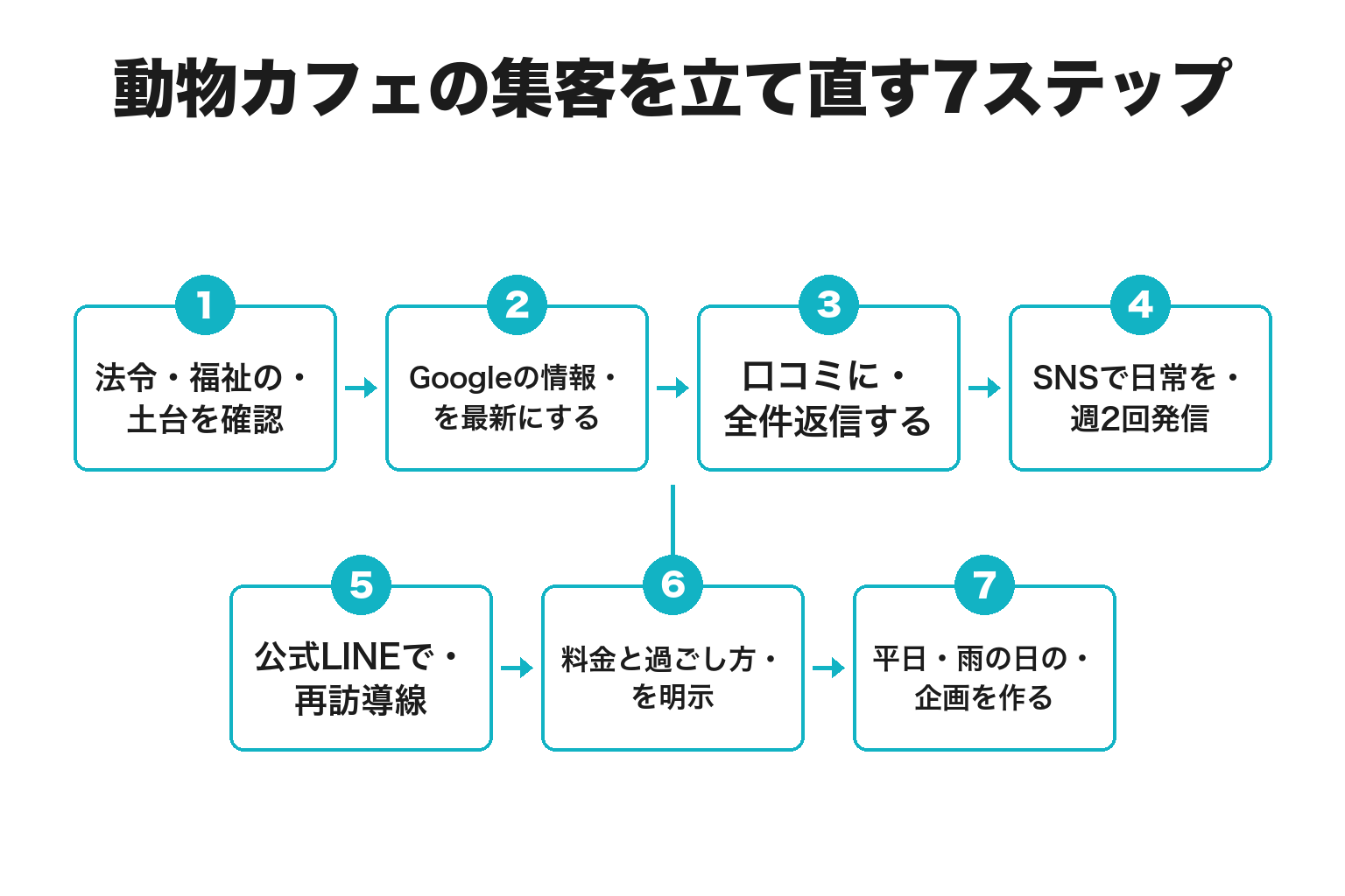 動物カフェ・猫カフェの集客を立て直す7ステップのフロー図