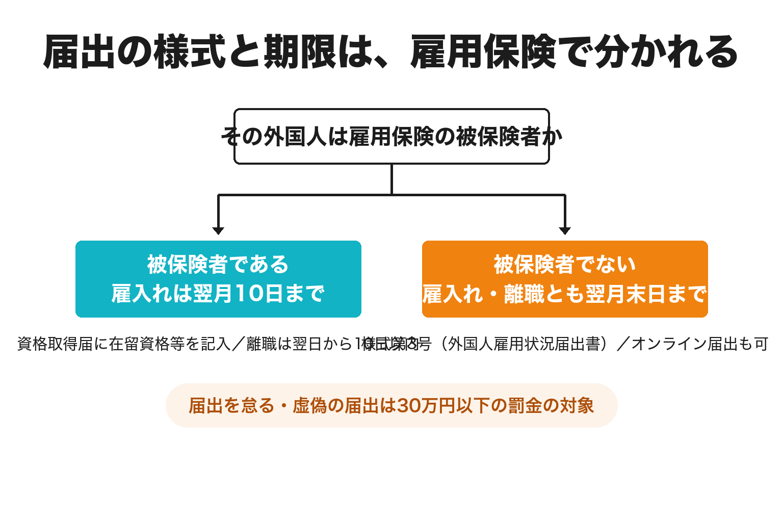 外国人雇用状況の届出の様式と期限の分かれ方を示した図解