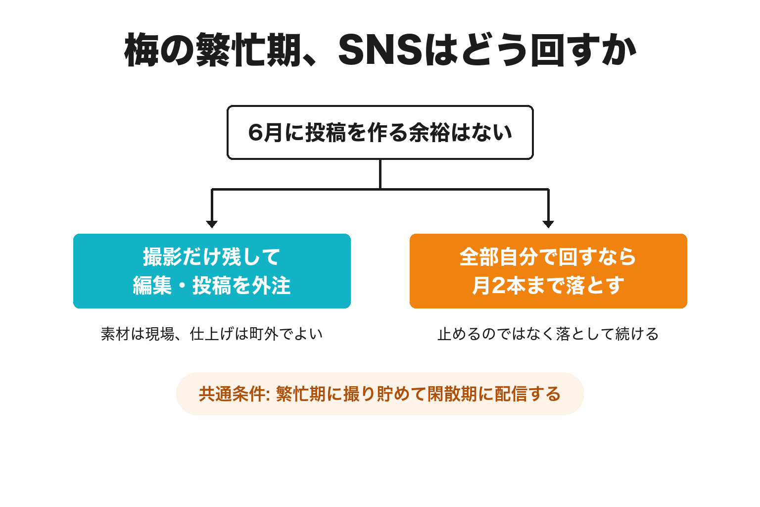 みなべ町で梅の繁忙期のSNSの回し方を分ける2分岐の図解
