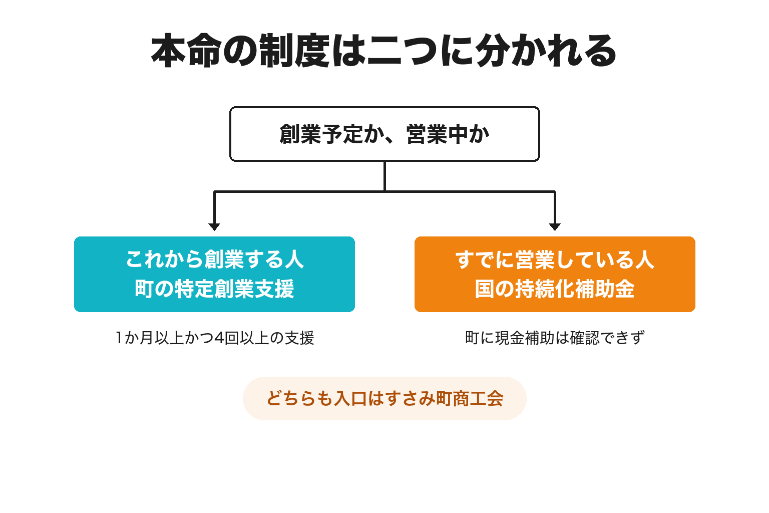 すさみ町で創業予定者と既存事業者の本命制度を分けた2分岐の図解